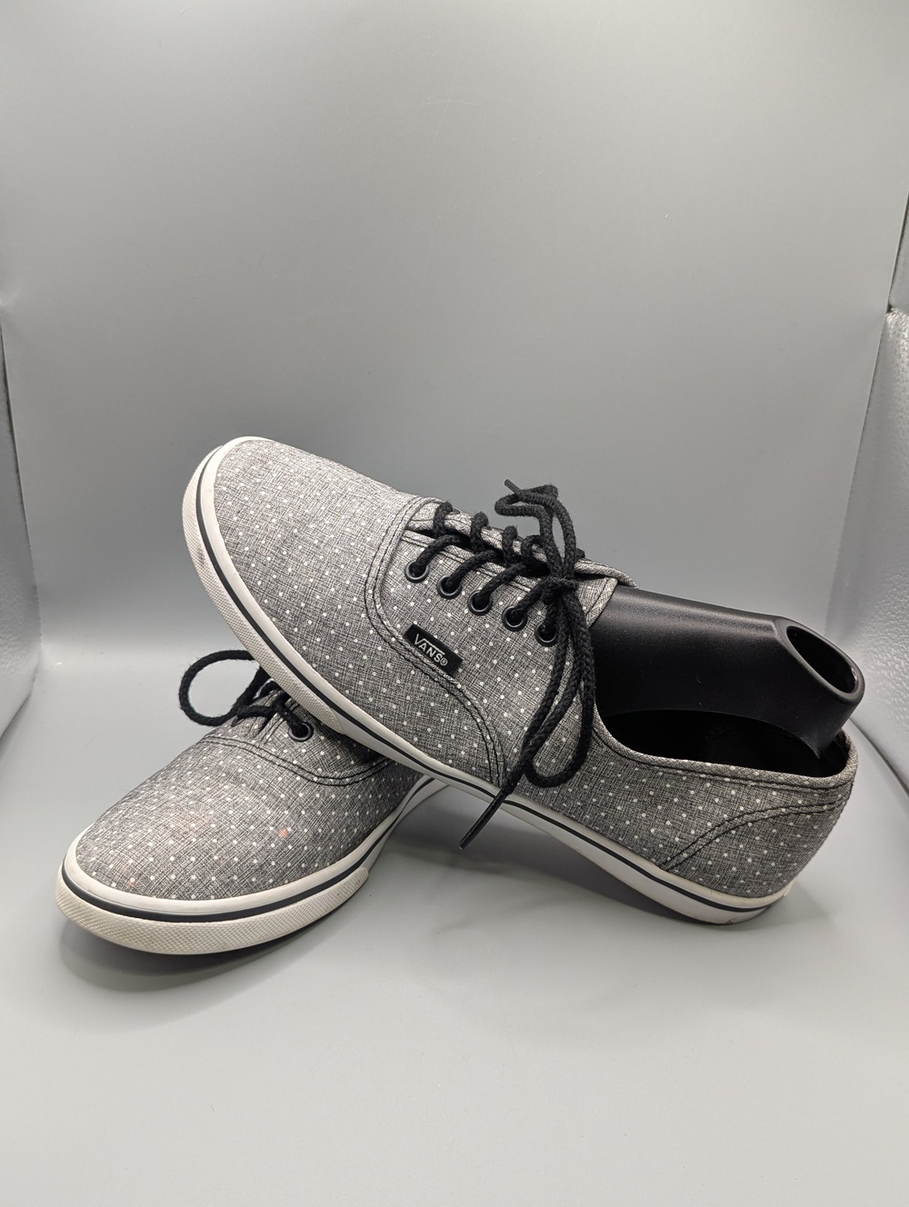 Vans Polka Dot Shoes Womens 8.5 Gray Black Canvas Low Top Skate Sneakers